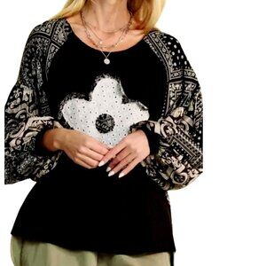 Davi & Dani Boho Black & White Floral Patchwork Top Slouchy Sweater Blouse Large